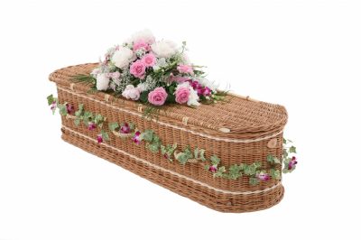 Curved end coffin in buff willow and inliad with cream bands and buff willow handles
